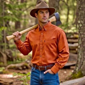 Duck Head Men’s Medium Orange Black Plaid Button Down Long Sleeve Shirt Outdoors